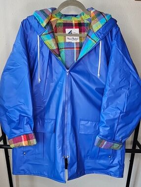 Vintage Misty Harbor Bright Blue Raincoat with Plaid Lining Size L